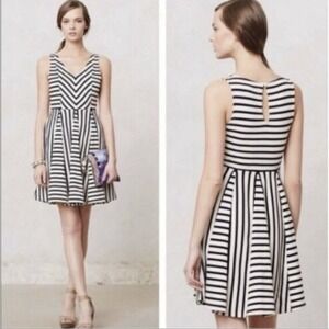 Saturday Sunday Anthropologie Striped Fit and Flare‎ Dress Black White V-Neck S